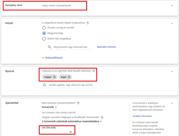 Kampány elnevezése, nyelv kiválasztása, cél CPA megadása