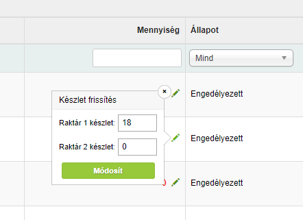 Készlet frissítése egyszerűbben, a terméklistánál