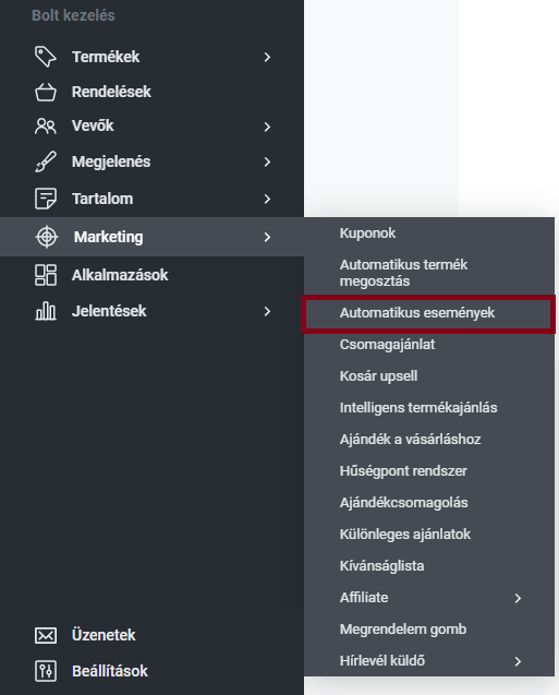 Shoprenter admin Automatizmusok menü