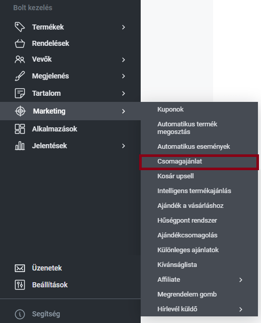 Shoprenter Admin Csomagajánlatok menü