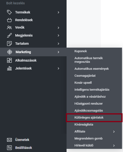 Shoprenter Admin Különleges ajánlatok