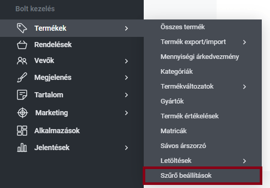 Shoprenter Admin Szűrőrendszer