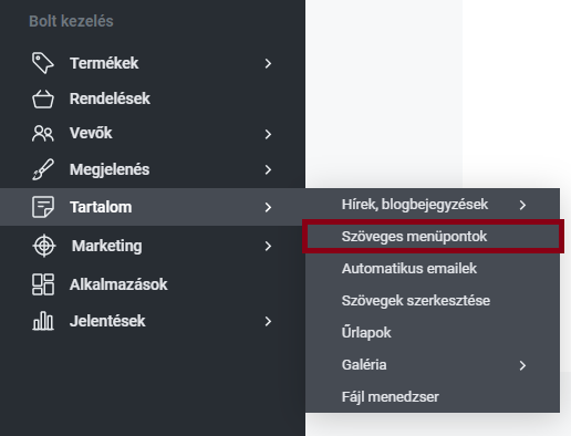 Shoprenter Admin Szöveges menüpontok