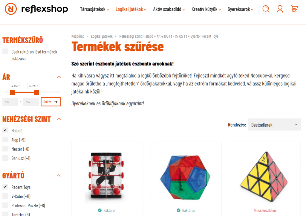 Reflexshop webáruház termék szűrési rendszere