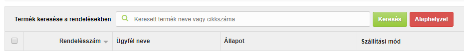 Termék kereső a Rendelések oldalon