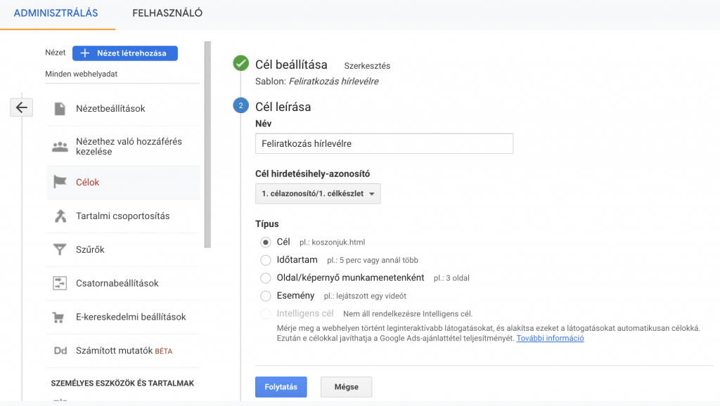 Cél beállítása a Google Analyticsben