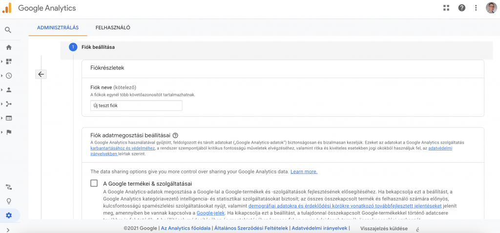 Google Analytics fiókbeállítások
