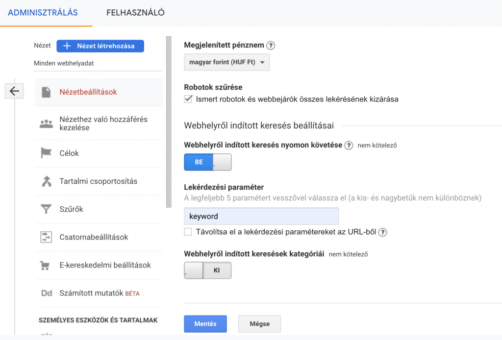 Webhelyről indított keresés nyomonkövetése