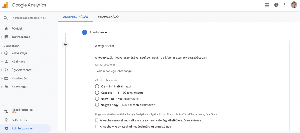 A vállalkozás adatai Google Analytics