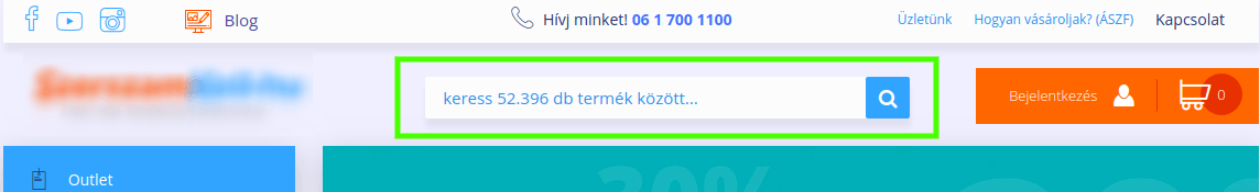 A fejléc közepén tisztán elkülönül a keresődoboz és a kereső ikon