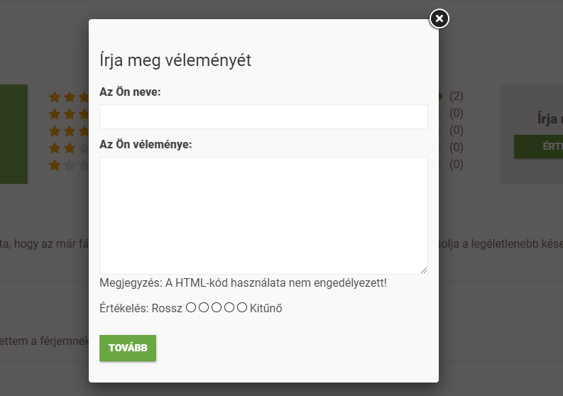 Termék véleményező felugró ablak