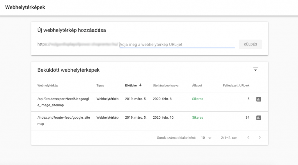 Webhelytérképek beküldése a Search Console felületén