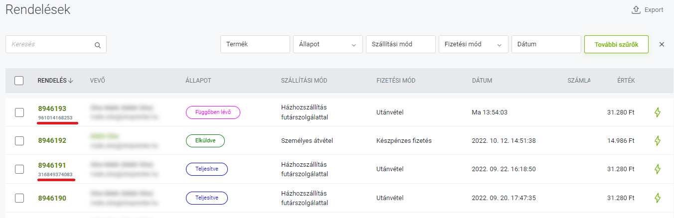árukereső rendelési azonosító