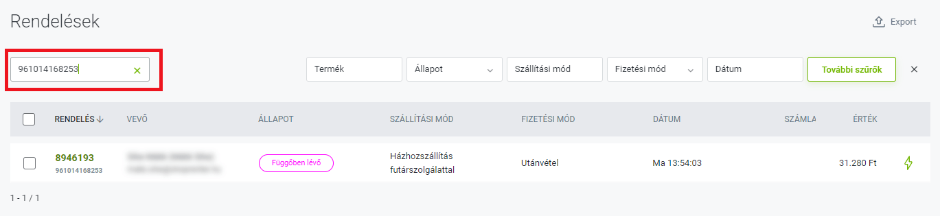 árukereső rendelési azonosító