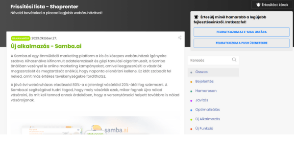 Shoprenter Frissítési lista értesítő 