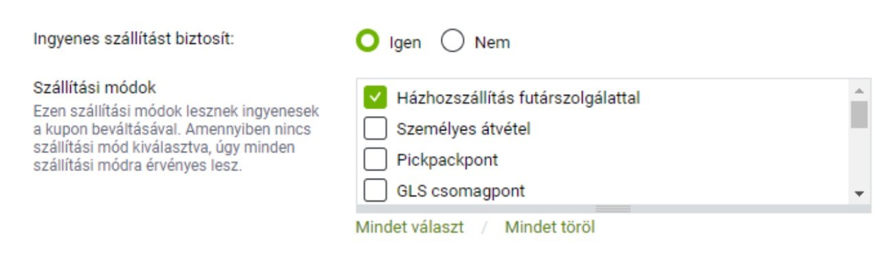 Szállítási mód meghatározása ingyenes szállítás kupon esetében