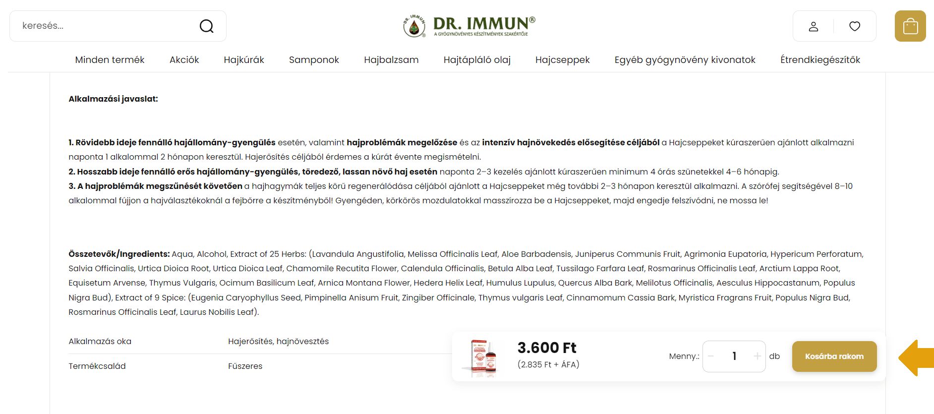 Rögzített Kosárba rakás gomb a drimmun.com webáruház termékoldalán