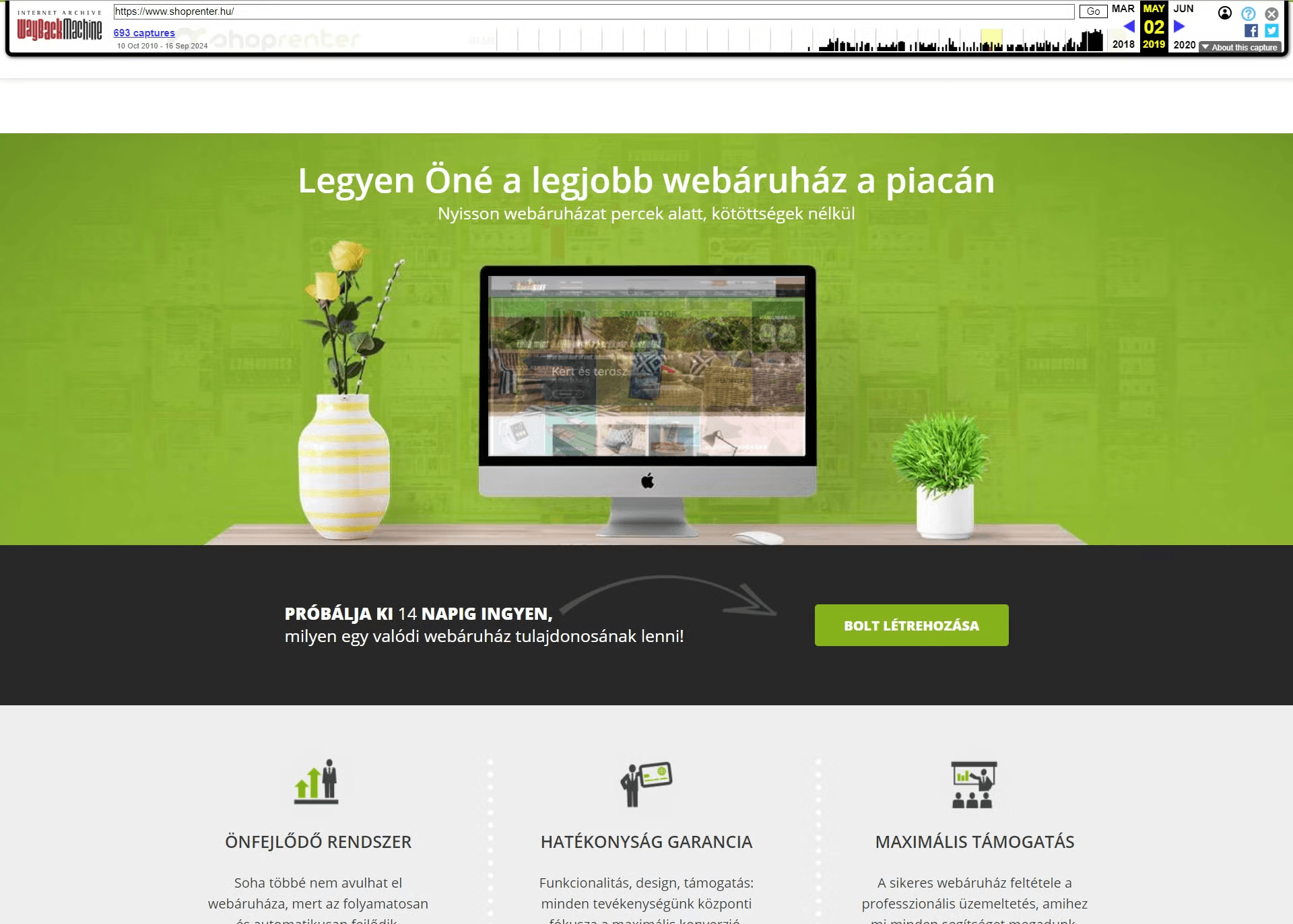 Fotó: a Shoprenter főoldala 2019-ben. Forrás: Wayback Machine / Internet Archive