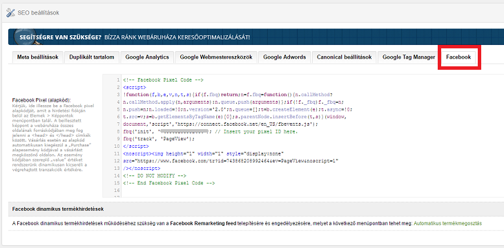 Facebook kód elhelyezése ShopRenter admin felületen